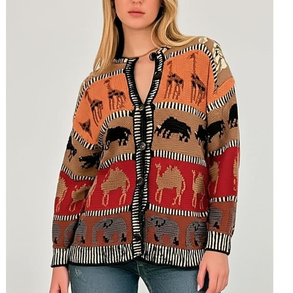 MarieaKim Cardigan Womens Animal Safari Chunky Knit V-Neck Sweater Africa Vtg